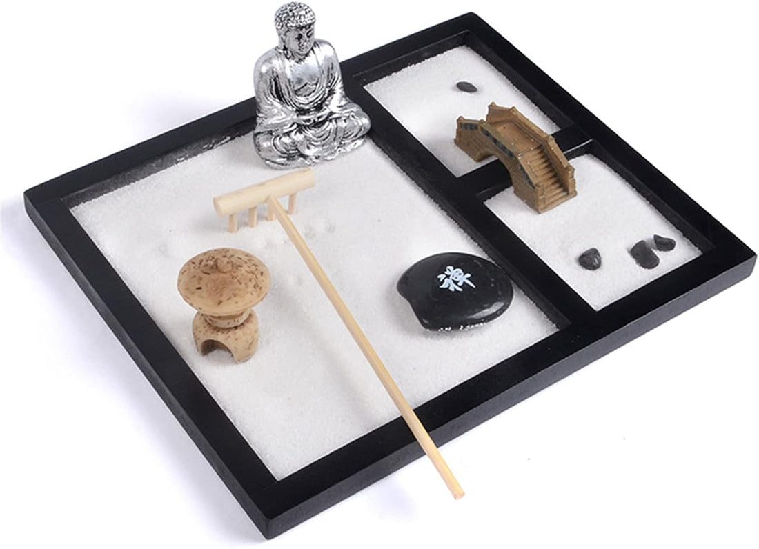 Mini Japanese Desktop Zen Garden,Buddha,Table Décor Kit with Chakra Stones,Sand Tray Play Kit for Kids, Adults, Office - Desk Sand Box Gift Set with Natural Sand, Wooden Tray, Lid, Rakes