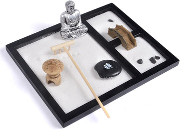 Mini Japanese Desktop Zen Garden,Buddha,Table Décor Kit with Chakra Stones,Sand Tray Play Kit for Kids, Adults, Office - Desk Sand Box Gift Set with Natural Sand, Wooden Tray, Lid, Rakes