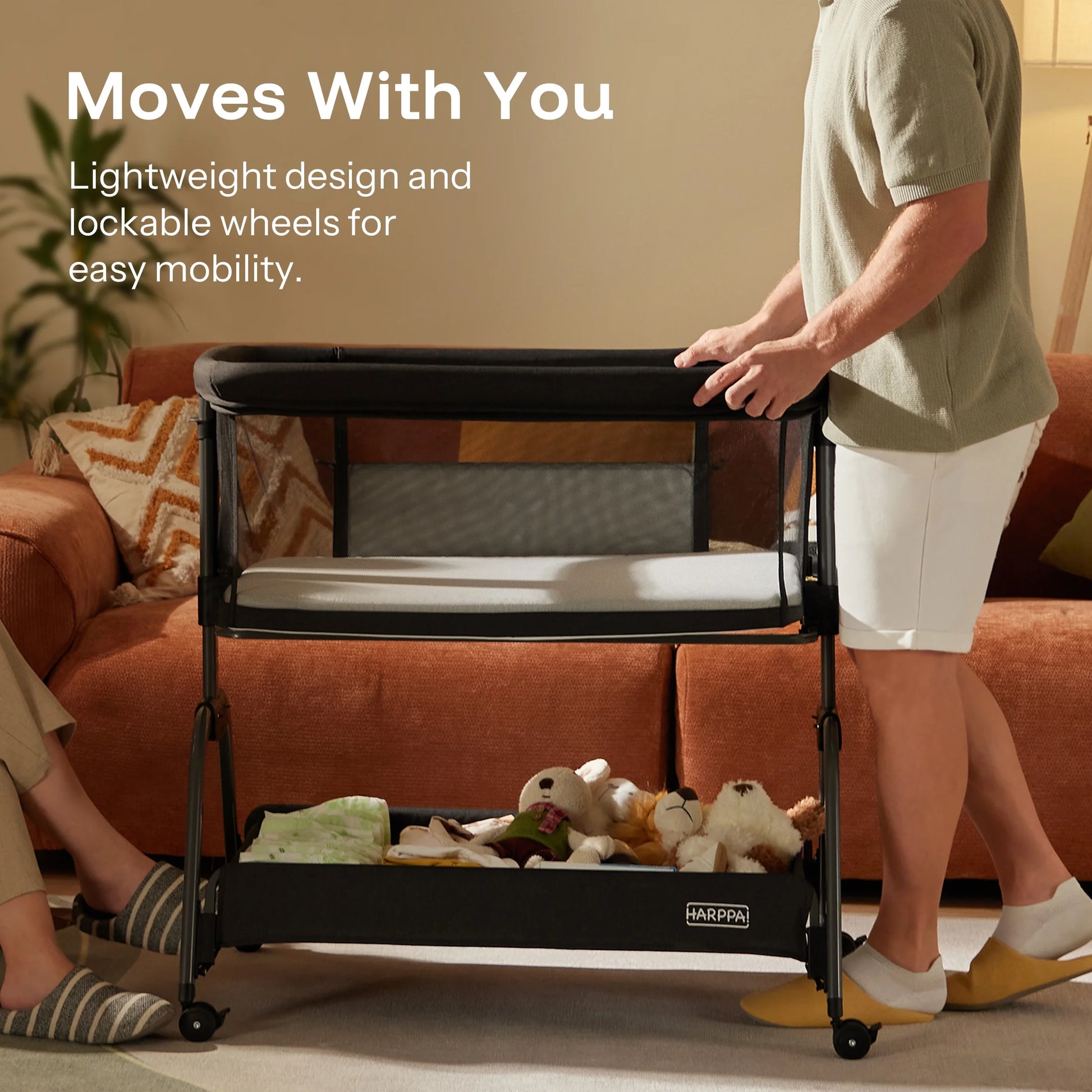 Bassinet Bedside Sleeper, Bedside Bassinet with Storage & Wheels for Infants, Black