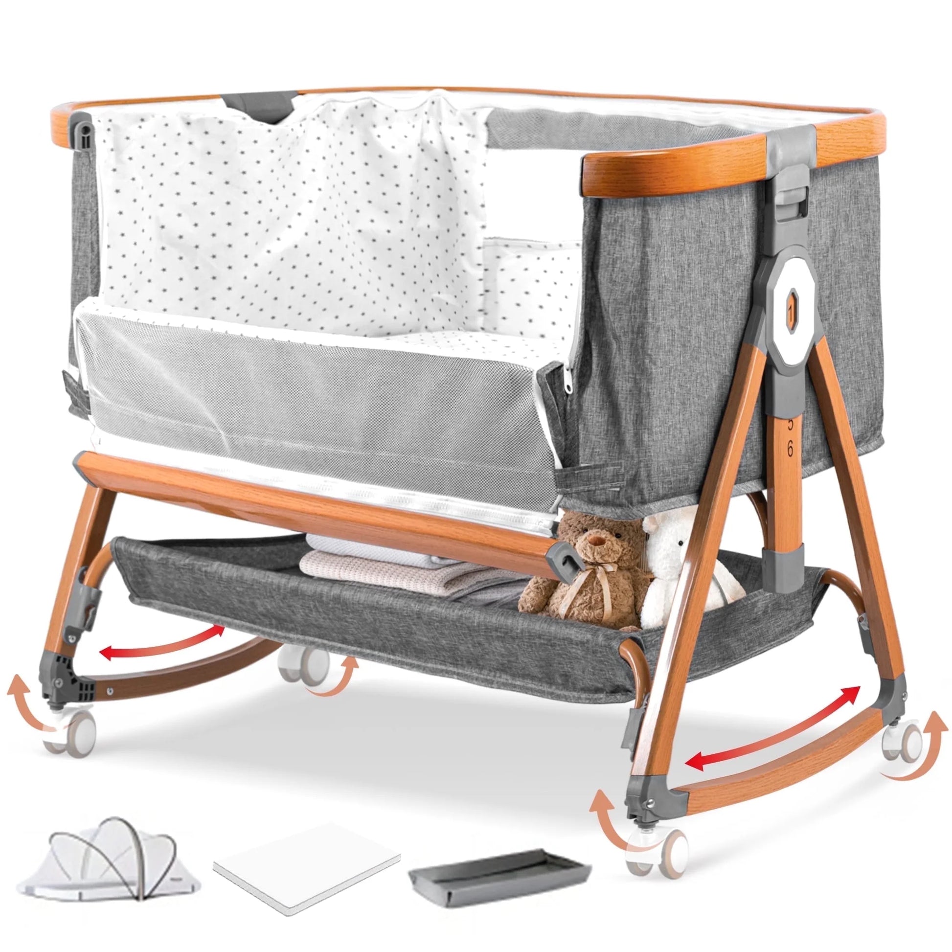 Bassinet Bedside Sleeper, Portable Baby Crib with 6 Adjustable Heights and Breathable Mesh Panels, Foldable, Gray