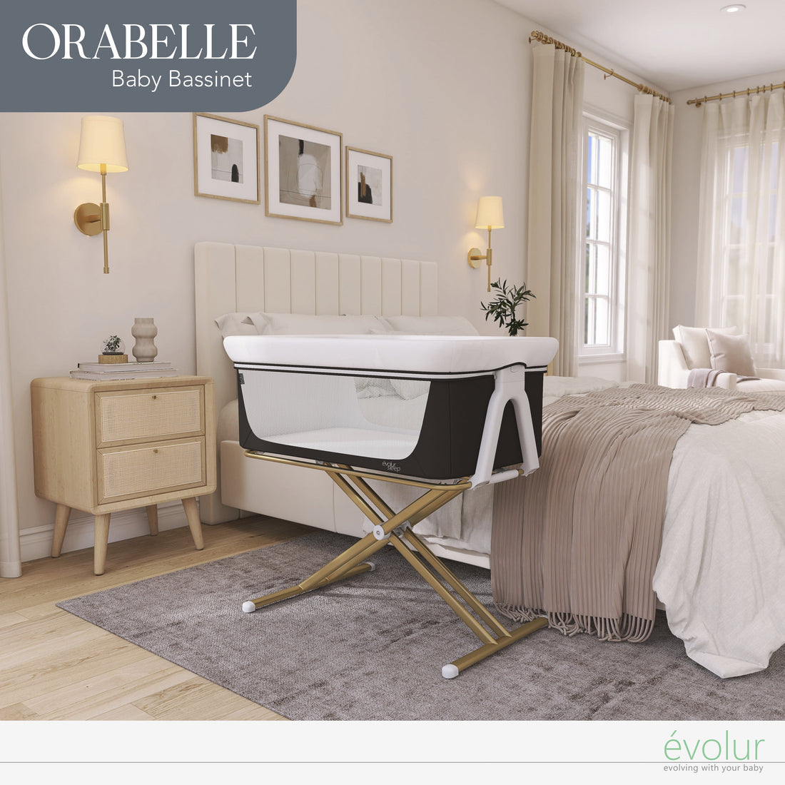 Orabelle Bedside Bassinet and Sleeper for Baby in Black, Easy to Fold and Carry in Black