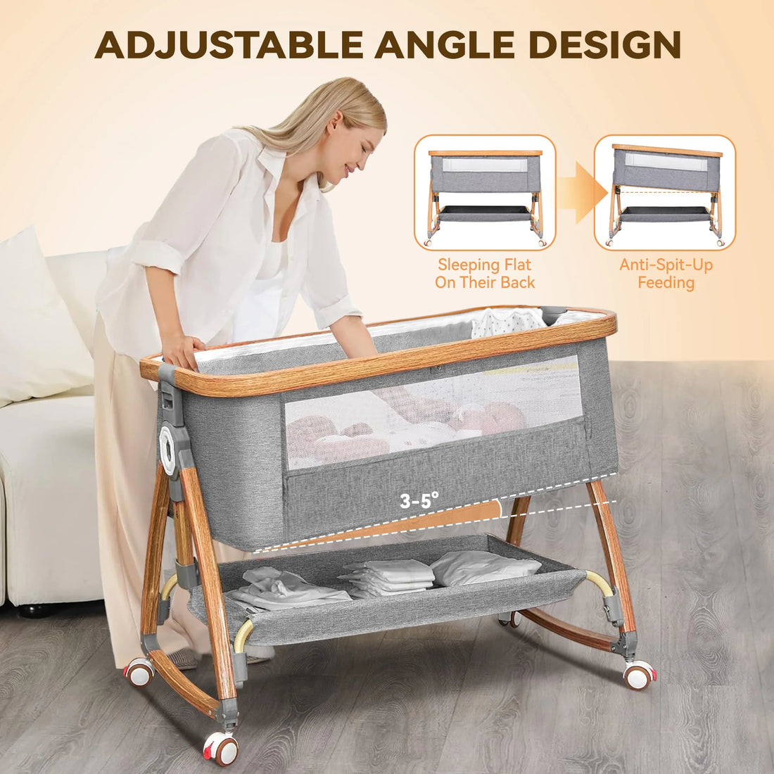 Bassinet Bedside Sleeper, Portable Baby Crib with 6 Adjustable Heights and Breathable Mesh Panels, Foldable, Gray