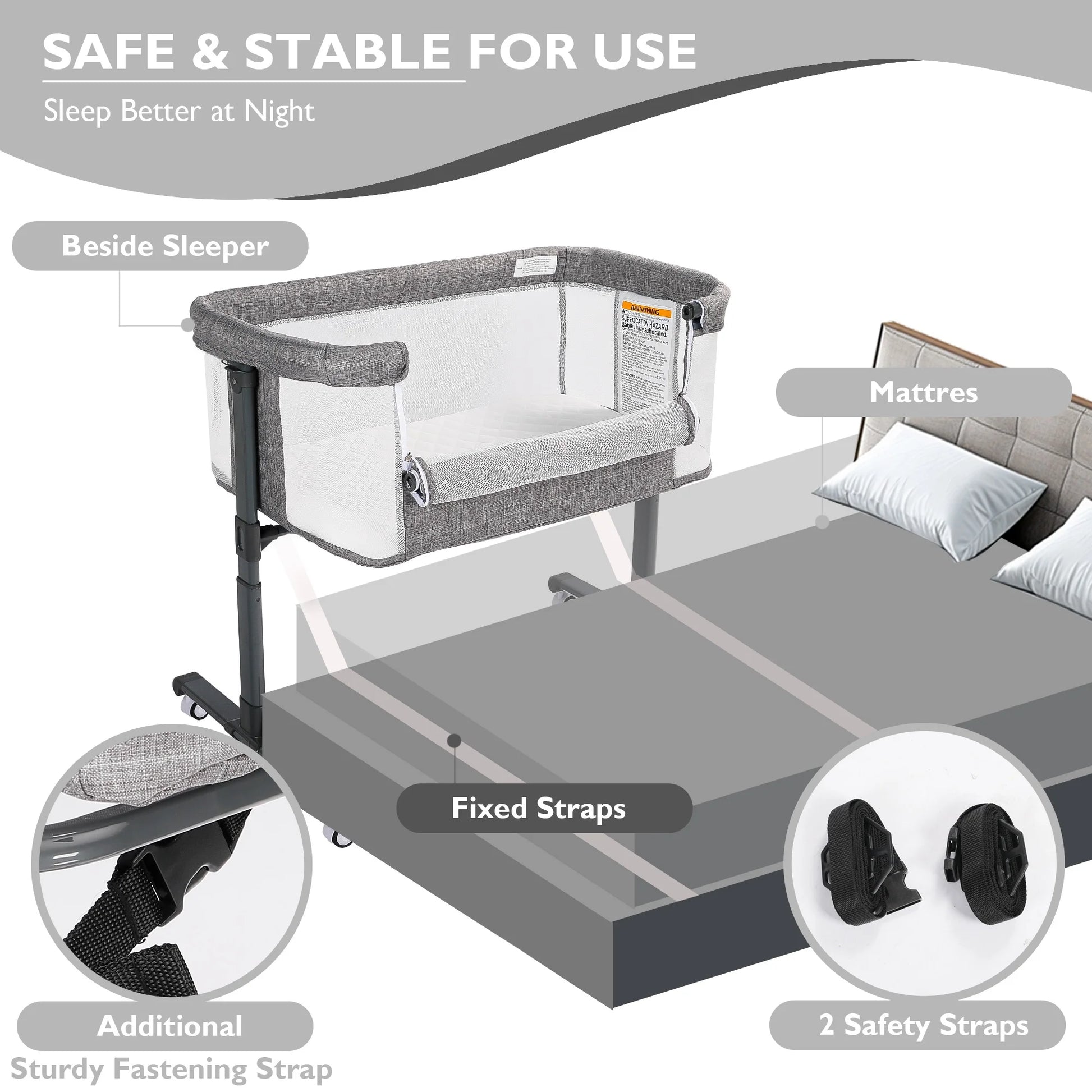 Baby Bassinet with Wheels Adjustable Bedside Sleeper Bassinet Newborn Baby Crib, Grey