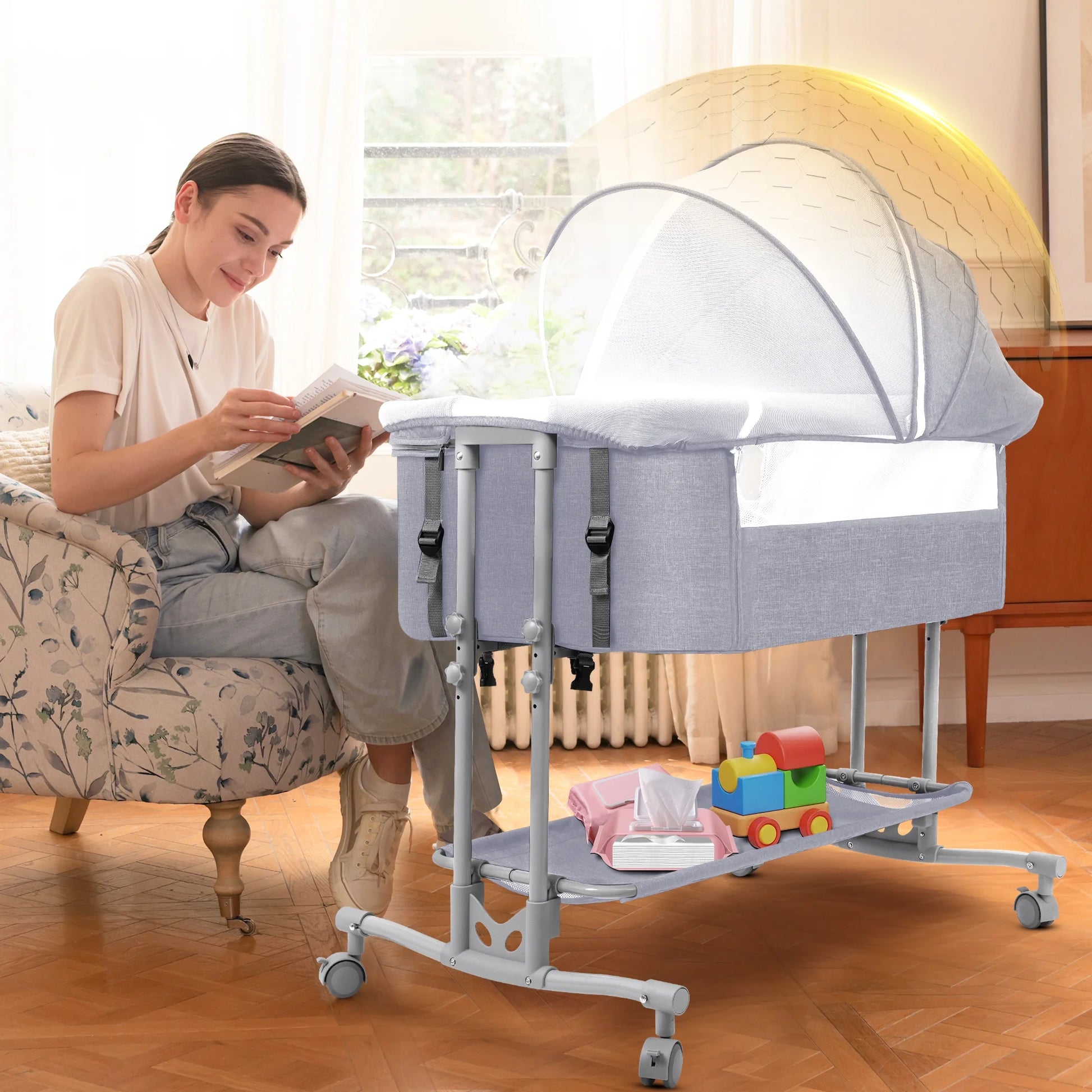 Baby Bassinet Bedside Sleeper Bassinet for 0–5 Months Infants, Unisex, Light Grey