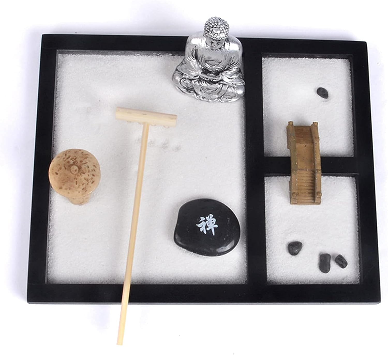 Mini Japanese Desktop Zen Garden,Buddha,Table Décor Kit with Chakra Stones,Sand Tray Play Kit for Kids, Adults, Office - Desk Sand Box Gift Set with Natural Sand, Wooden Tray, Lid, Rakes